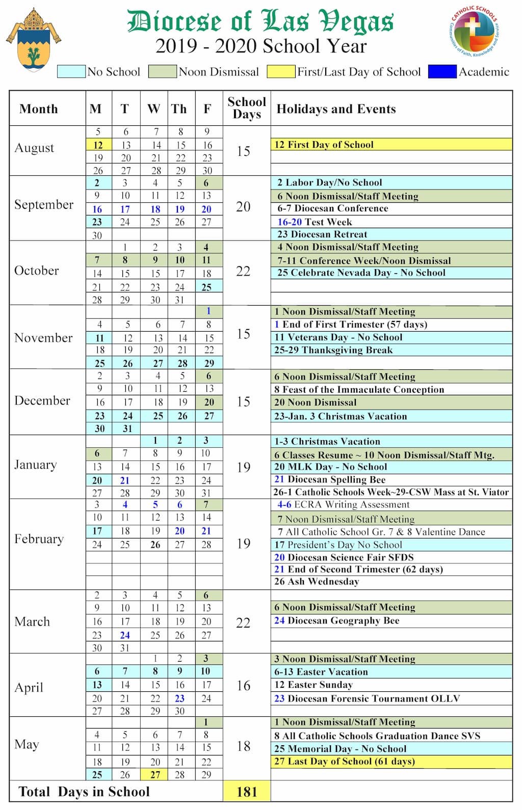 School Year Calendar Diocese of Las Vegas Department of Catholic Schools